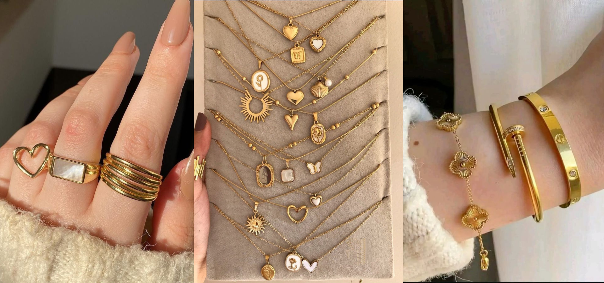 Gold stainless steel rings, necklaces, and bracelets with heart, floral, and sun motifs