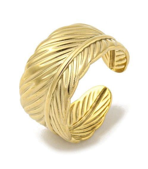 Gold-toned stainless steel feather ring, adjustable, waterproof and anti-tarnish design