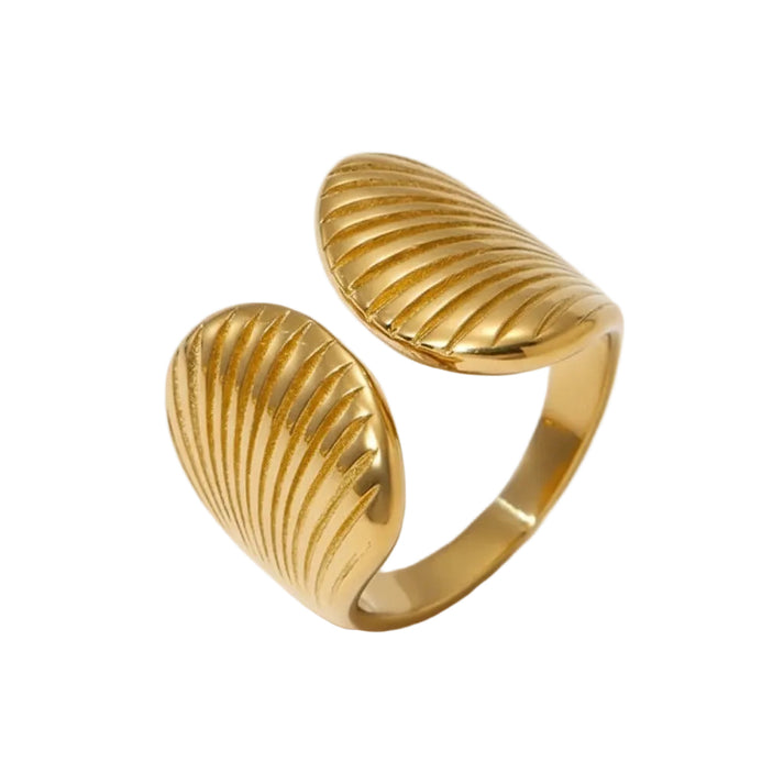 Gold-tone open adjustable stainless steel ring with textured shell-inspired ends