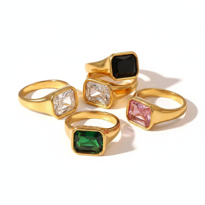 Gold stainless steel rings with square-cut black, green, pink, and clear stones