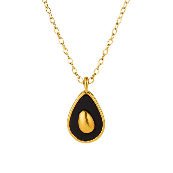 Gold stainless steel teardrop pendant necklace with black enamel accent on chain