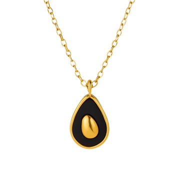 Gold stainless steel teardrop pendant necklace with black enamel accent on chain